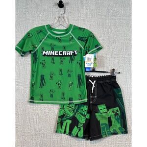 NWT Minecraft Boys 2 Piece Rash Guard Swim Trunks Set Green Black Size 7 Gamer